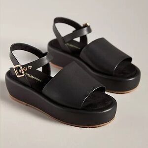 Kelsi Dagger Brooklyn Birdie Black Leather Platform Sandals Ankle Strap Size 9.5